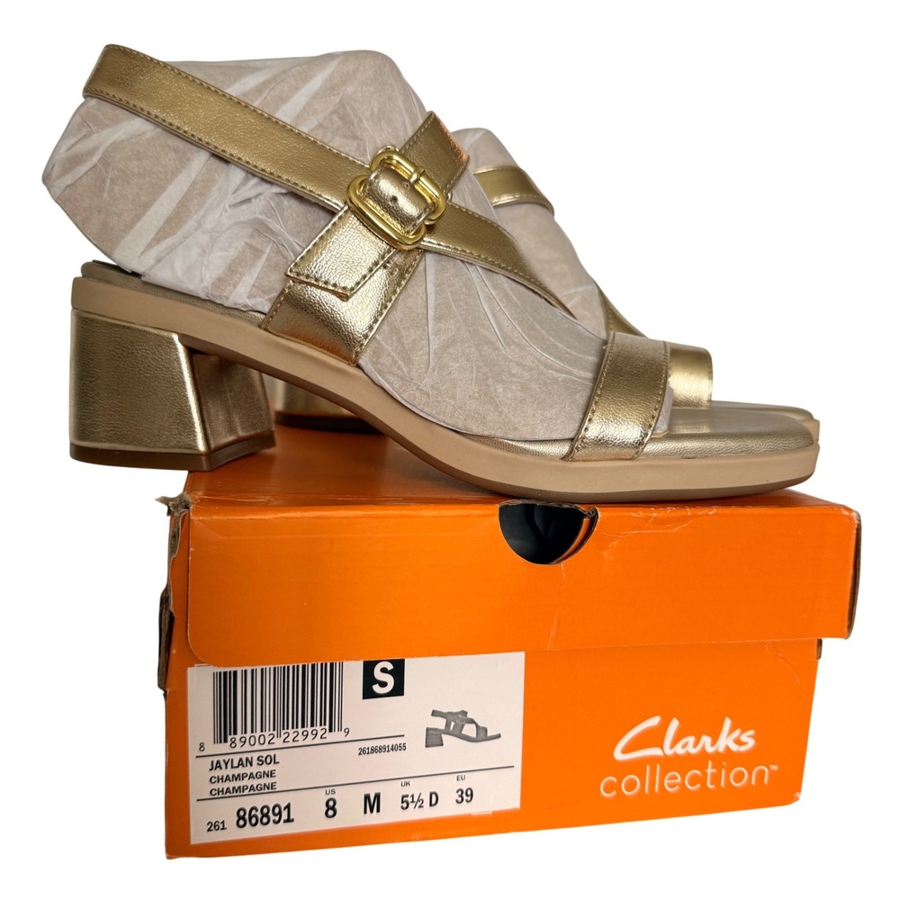 Clarks Collection Jaylan Sol Champagne Gold Metallic Block‎ Heel Sandals 8M